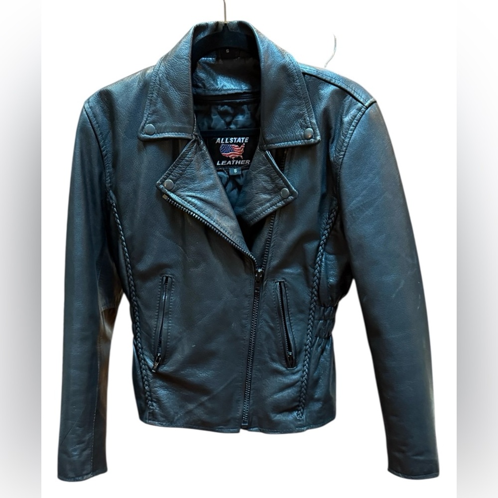 Allstate Leather Black Motorcycle Riding Jacket. Size Small. EUC. Zip out liner.